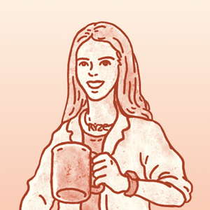 A stylized illustration of a woman with long hair holding a mug, rendered in warm peach and terracotta tones on a pale peach background.