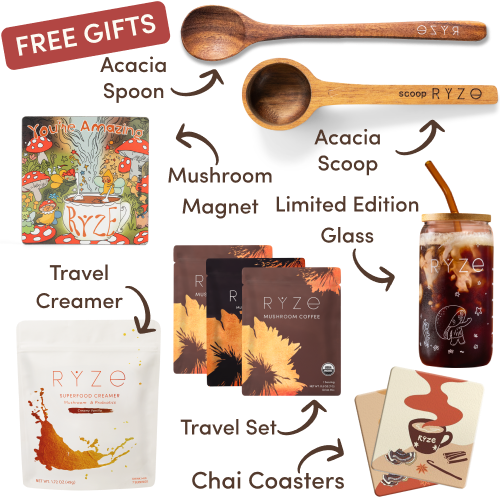 Mushroom hot cocoa, acacia spoon and scoop, coasters, and mushroom magnet with text labels.