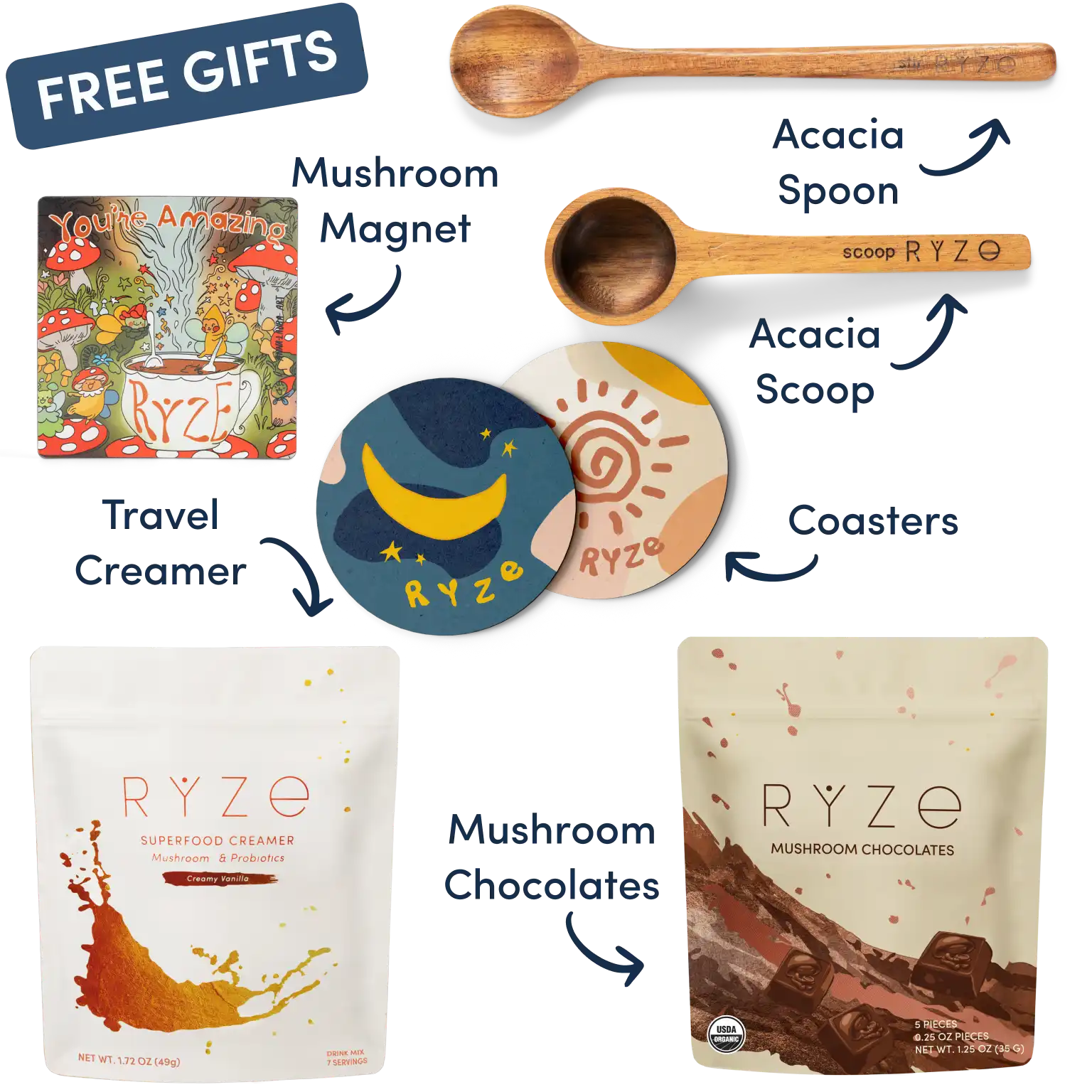 Collection of Ryze products including hot cocoa, wooden utensils, coasters, and a mushroom-themed magnet.