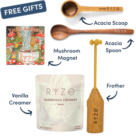 RYZE superfood creamer package with wooden spoon, scoop, frother and magnet on a white background