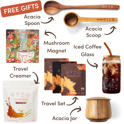 Ryze superfood creamer, acacia spoon, scoop, jar, mushroom magnet, and recipe booklet with 'Free Gifts' label.