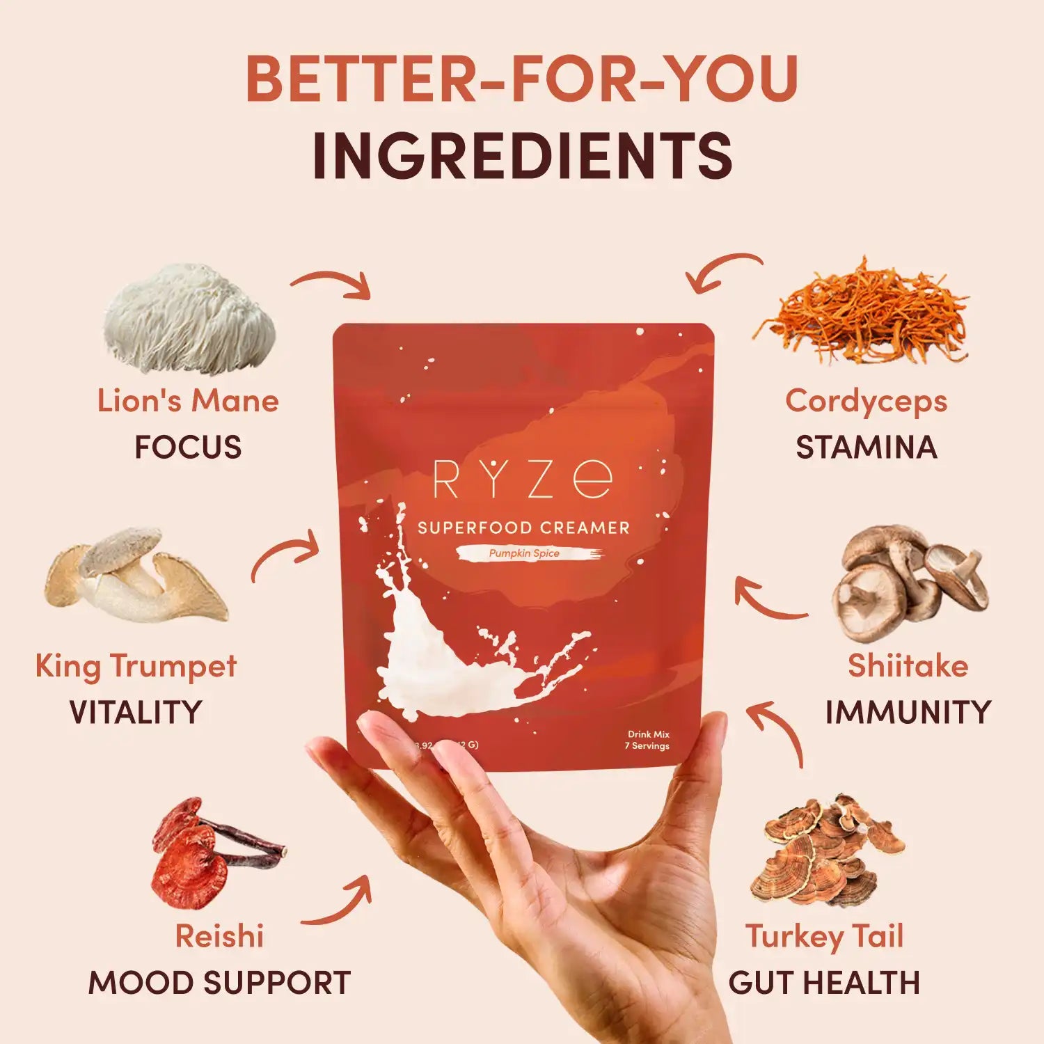 RYZE superfood creamer with mushroom ingredients and health benefits diagram