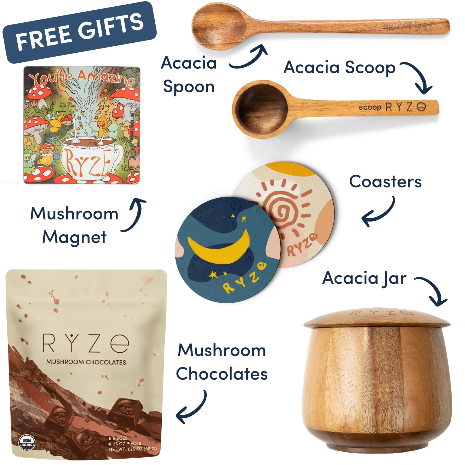 Collection of Ryze products including cocoa, spoon, scoop, coasters, and a mushroom-themed magnet.