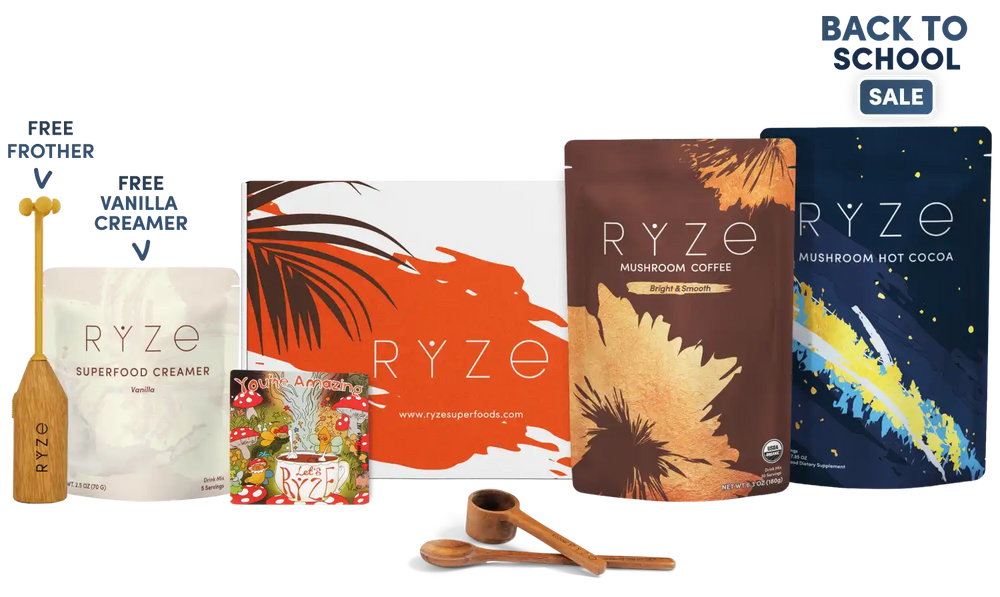 A RYZE summer gift set featuring mushroom coffee and hot cocoa pouches, a vanilla creamer pouch, a wooden frother, and two wooden spoons, arranged on a white background with 'BACK TO SCHOOL' text in the top right.