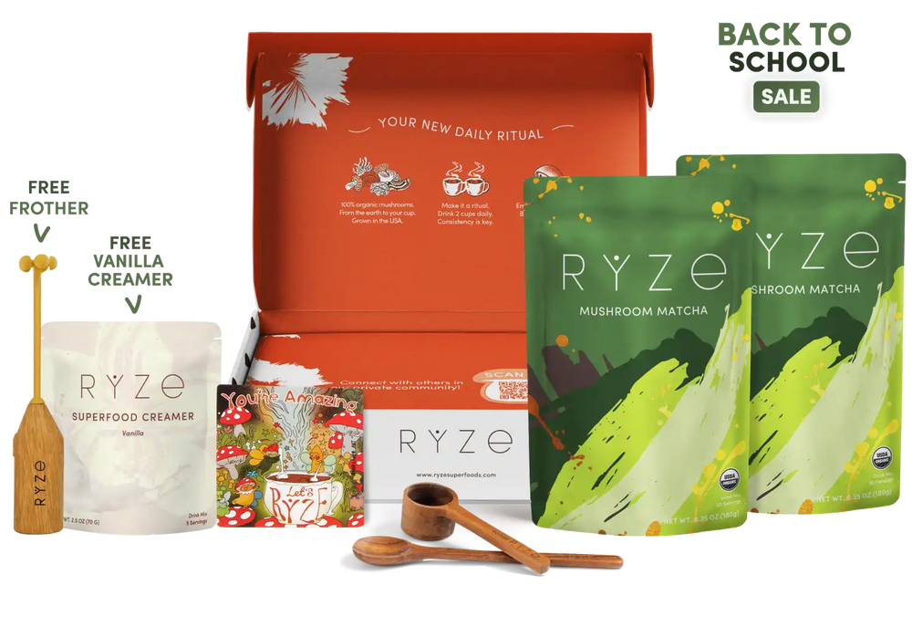 RYZE Back to School Daily Ritual gift set featuring a red-orange box, two green mushroom matcha pouches, a white superfood creamer pouch, a wooden frother, measuring cups, and a small illustrated magnet, with 'BACK TO SCHOOL SALE' text in the upper right.