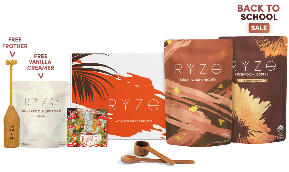 Ryze Summer Sale bundle featuring RYZE Mushroom Coffee, RYZE Mushroom Chicory, a free frother, and a free vanilla creamer. The products are arranged on a clean white background with a 'BACK TO SCHOOL' banner in the top right corner.
