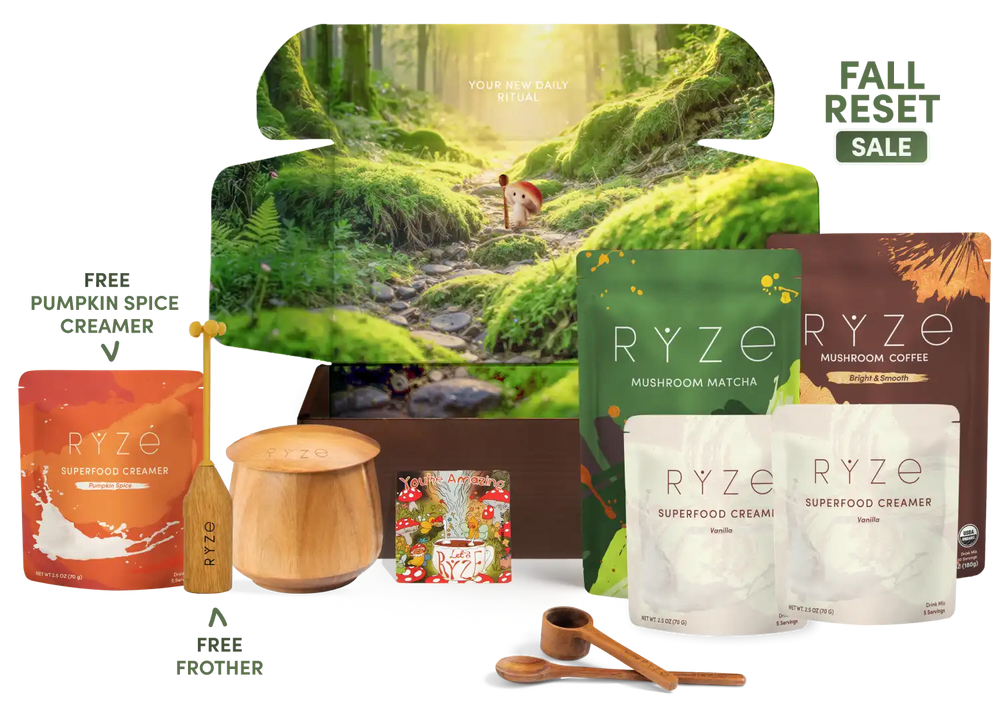 A RYZE fall gift set featuring mushroom blends, creamers, a wooden spoon, a small wooden container, and a decorative forest-themed box on a white background with sale text.