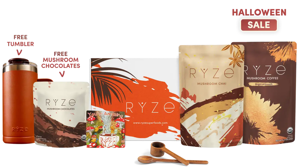 Ryze Coffee Company Halloween Sale bundle featuring a free tumbler, free mushroom chocolates, a free mushroom coffee pouch, a gift box, and wooden spoons, arranged on a white background with promotional text.