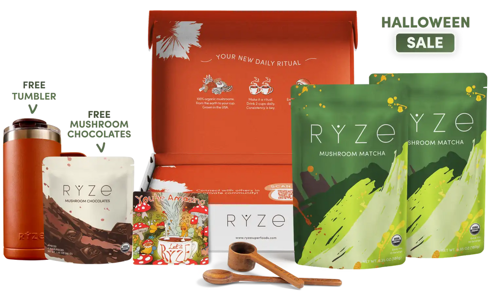 Ryze 'Your New Daily Ritual' Halloween sale gift set featuring a large orange box, two green mushroom matcha pouches, a brown mushroom chocolate pouch, a small illustrated box, two wooden spoons, and a free tumbler offer, displayed on a white background with promotional text.