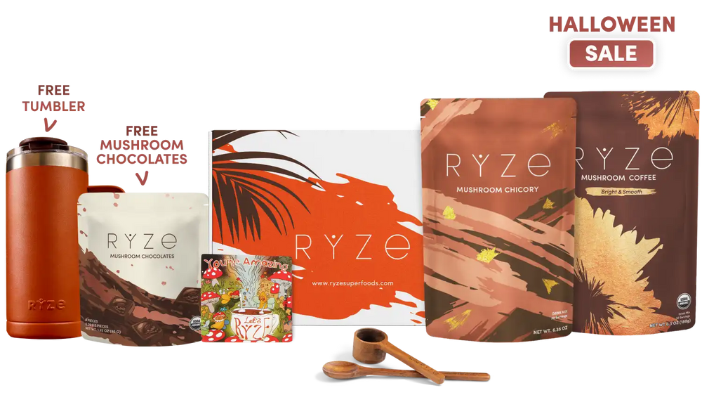 Ryze Superfoods Halloween Sale bundle featuring a brown insulated tumbler, a bag of mushroom chocolates, a small chocolate box, a large box with an orange abstract design, a bag of mushroom coffee, wooden spoons, and promotional text reading 'HALLOWEEN SALE'.