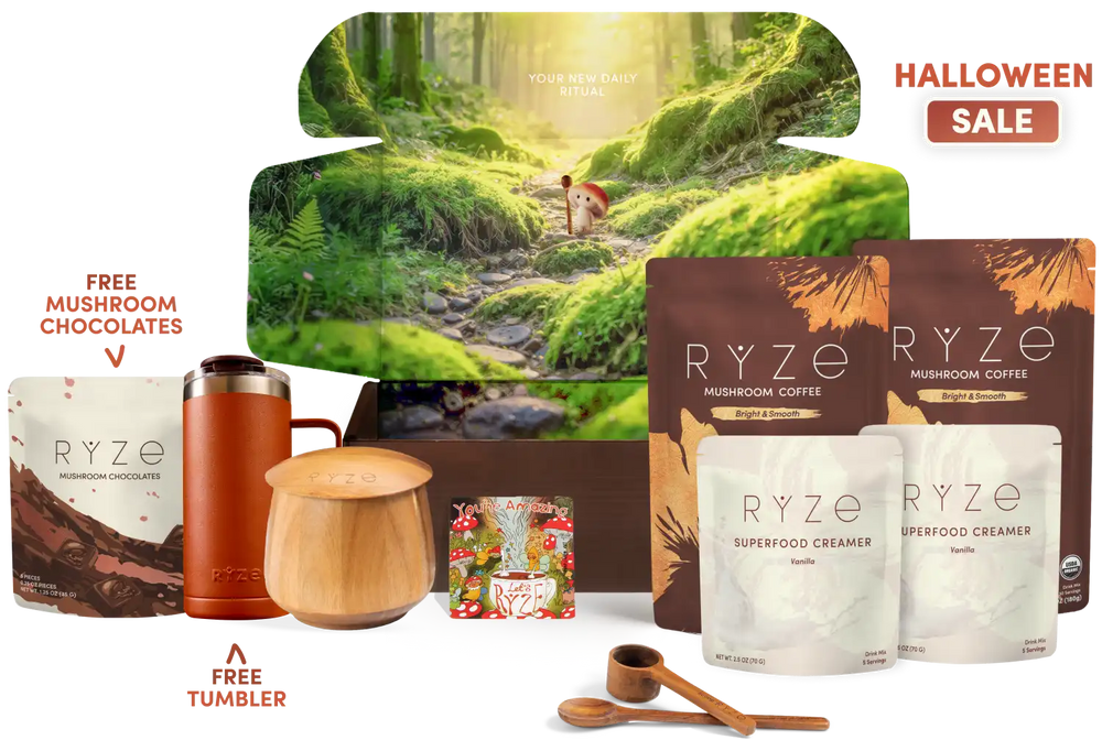A RYZE gift set arranged on a white background with a large illustrated forest box behind it. Visible items include mushroom coffee bags, two pouches of creamer, a tumbler, a wooden cup, small wooden spoons, and a small chocolate box.