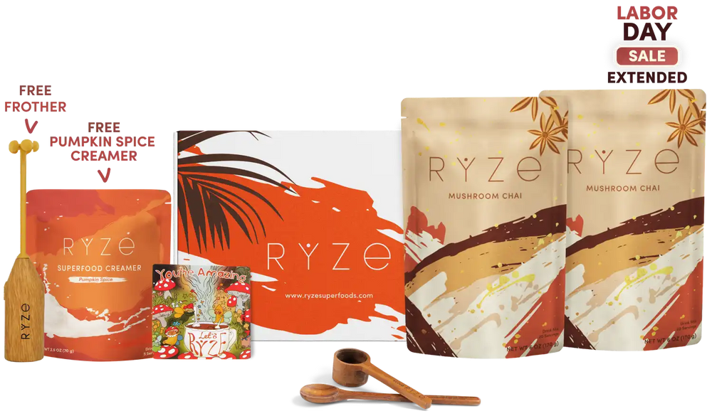 Ryze Mushroom Chai product lineup on a white background, including two resealable pouches, a gift box, a wooden frother, a small spice jar, and two wooden spoons. Promotional text reads 'Labor Day Sale Extended' and 'Free Frother' and 'Free Pumpkin Spice Creamer.