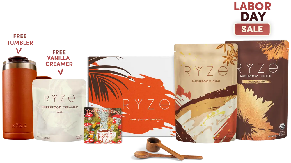 Labor Day Sale bundle from RYZE featuring a brown insulated tumbler, a bag of vanilla creamer, a box of mushroom chai, a bag of mushroom coffee, wooden spoons, and promotional text on a white background.