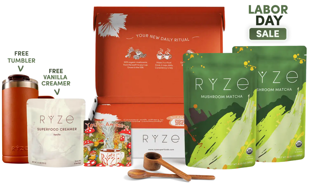 Ryze subscription box set displayed with an open orange box, two green mushroom matcha pouches, a vanilla creamer pouch, a free tumbler, and a free vanilla creamer offer, with a 'Labor Day Sale' badge on a white background.