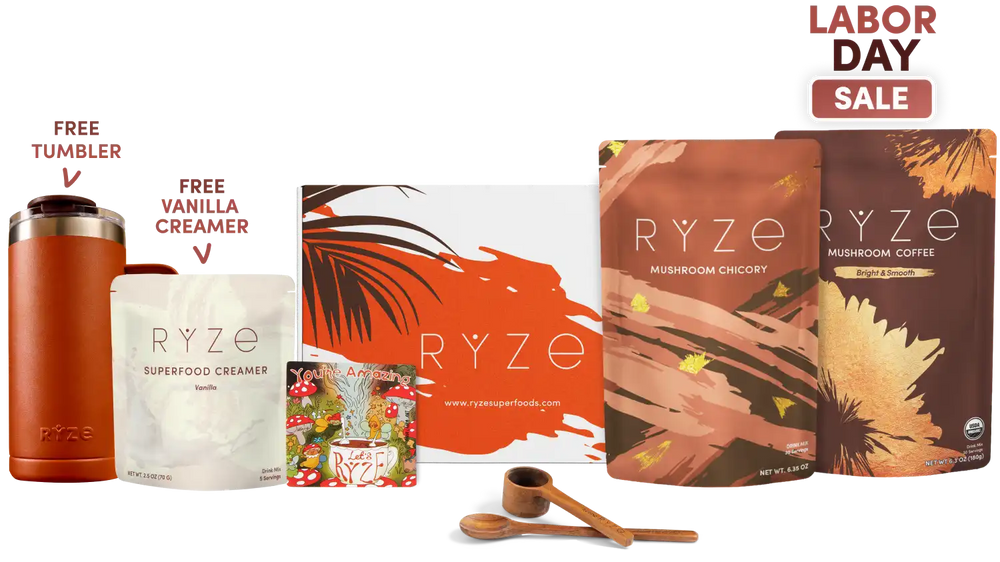 A Labor Day sale bundle from RYZE featuring a brown insulated tumbler, a vanilla superfood creamer pouch, a scoop, a small magnet, and two RYZE Mushroom Chicory and Mushroom Coffee bags, arranged on a white background with 'LABOR DAY SALE' text.
