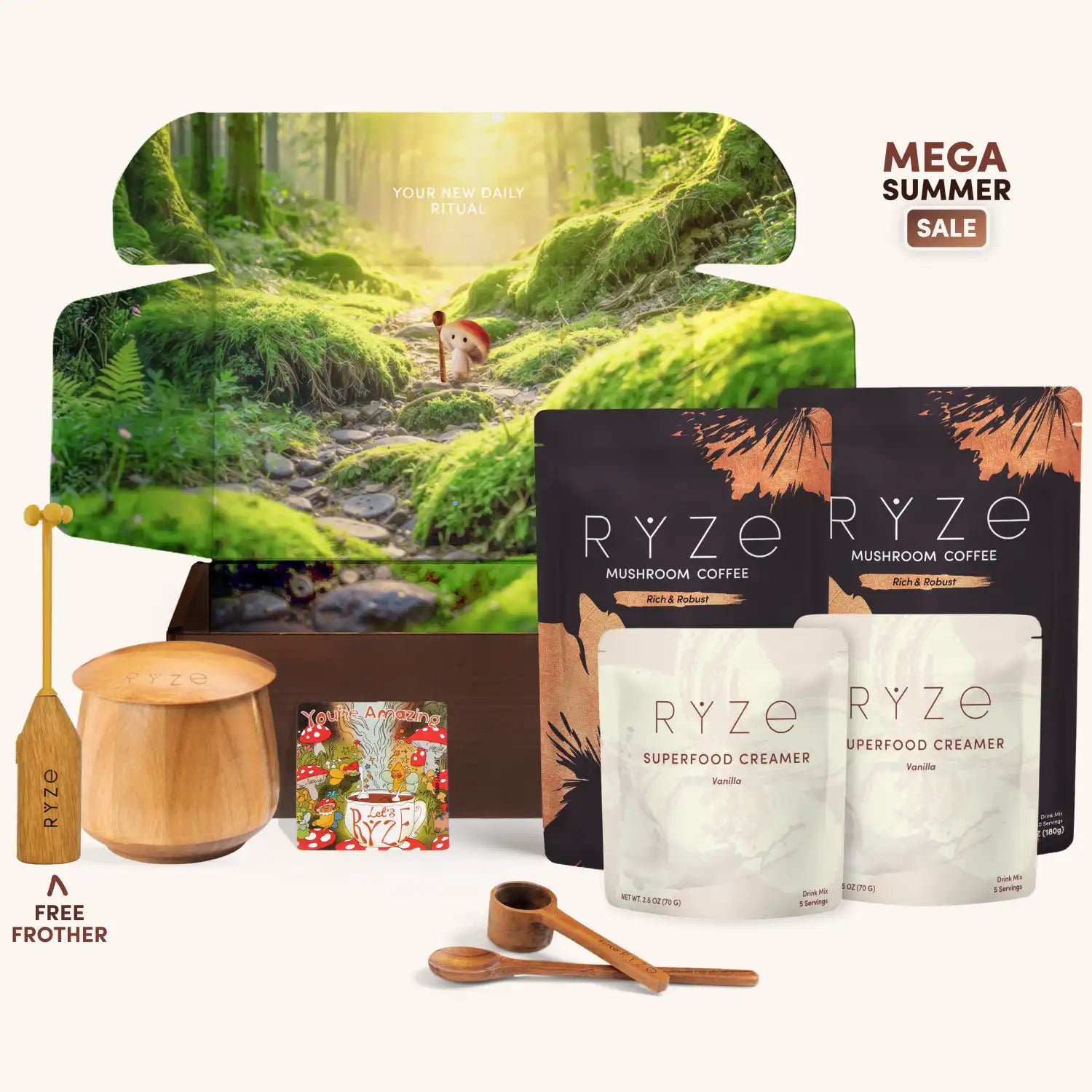 RYZE gift set featuring mushroom coffee pouches, a wooden container with a spoon, a small magnet, and wooden spoons, arranged in front of a large forest-themed box on a light beige background with a 'Mega Summer Sale' badge.