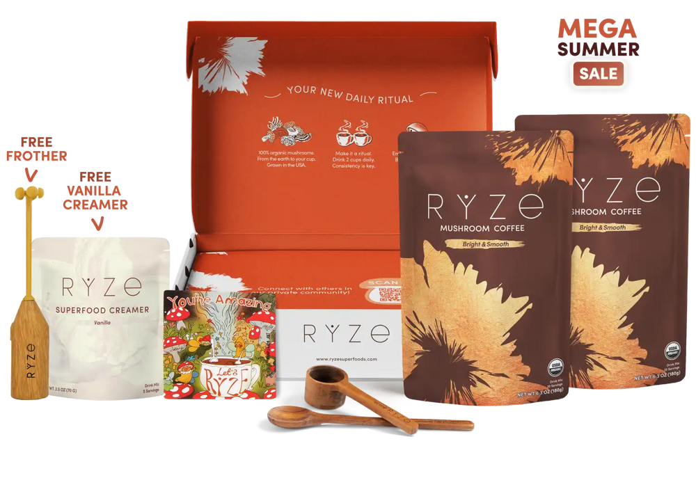 RYZE coffee and creamer gift set with an orange box, two brown and white pouches, a white pouch, a wooden frother, two wooden measuring spoons, and a 'MEGA SUMMER SALE' badge on a white background.
