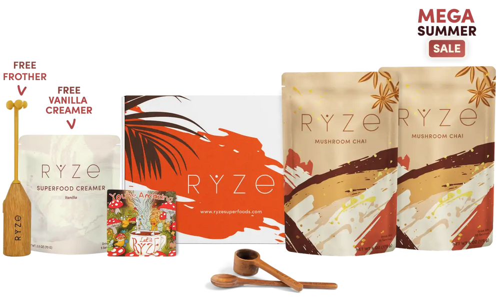 Ryze Mushroom Chai gift set featuring two stand-up pouches of Mushroom Chai, a box of Superfood Creamer, a wooden frother, and two wooden spoons, with a 'Mega Summer Sale' badge on a white background.