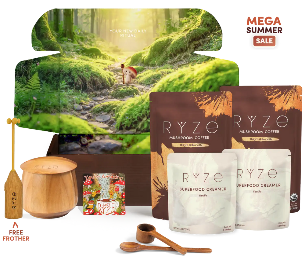 A RYZE mushroom coffee gift set featuring a large forest-themed box, two brown RYZE Mushroom Coffee bags, two white RYZE Superfood Creamer bags, wooden measuring tools, a wooden container, and a small card, arranged on a white background with 'MEGA SUMMER SALE' text.