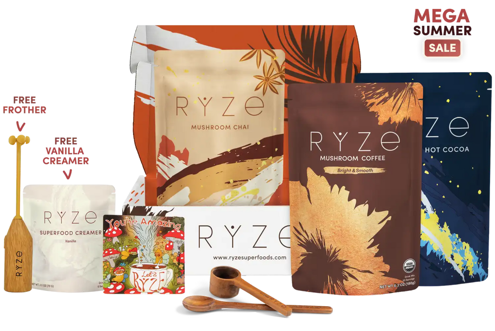 A RYZE summer bundle featuring multiple product packages including Mushroom Chai, Mushroom Coffee, Hot Cocoa, Superfood Creamer, and a small wooden frother, along with two wooden measuring spoons and promotional text reading 'MEGA SUMMER SALE'.