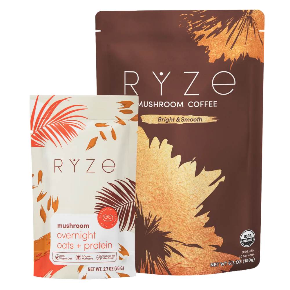 RYZE mushroom coffee package and RYZE mushroom overnight oats + protein package on a white background