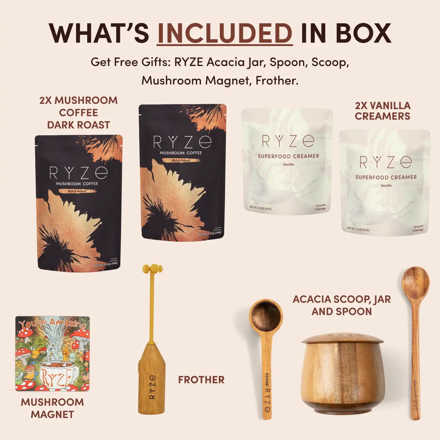 Promotional image of RYZE products including 2 bags of dark roast mushroom coffee, 2 bags of superfood vanilla creamers, a magnet, a wooden frother and kitchen tools on a white background.
